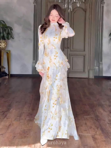 Aurohaya Satin Floral Long Bell Sleeve Lace-Up Maxi Dress White