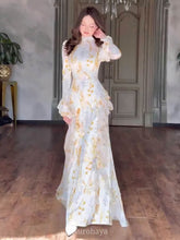 Satin Floral Long Bell Sleeve Lace-Up Maxi Dress