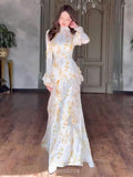 Satin Floral Long Bell Sleeve Lace-Up Maxi Dress