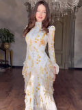 Satin Floral Long Bell Sleeve Lace-Up Maxi Dress