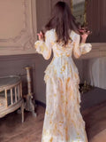 Satin Floral Long Bell Sleeve Lace-Up Maxi Dress