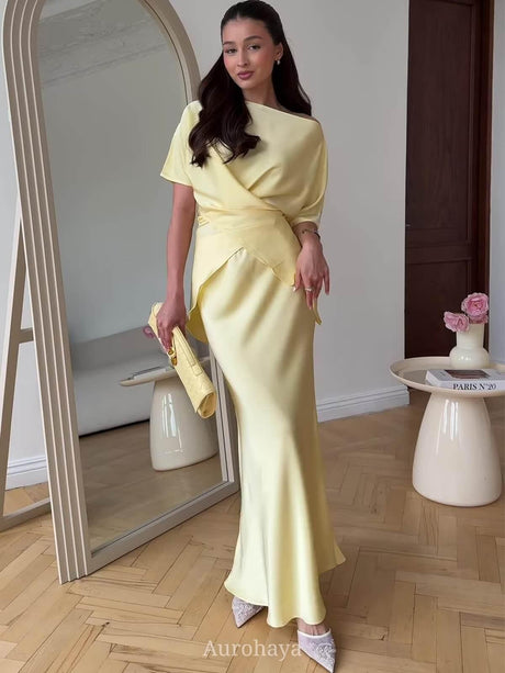 Aurohaya Satin Lace-Up Slit-Back Top & Flare Maxi Skirt Set Yellow
