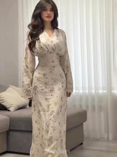 Aurohaya Elegant Long Sleeve Floral Maxi Dress Beige