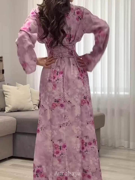 Aurohaya Elegant Long Sleeve Floral Maxi Dress