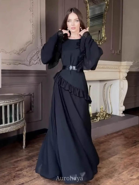 Aurohaya Solid Color Long Sleeve Round Neck Ruffles Patchwork Maxi Dress Black