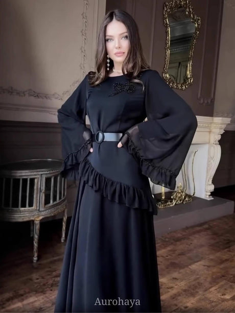 Aurohaya Solid Color Long Sleeve Round Neck Ruffles Patchwork Maxi Dress