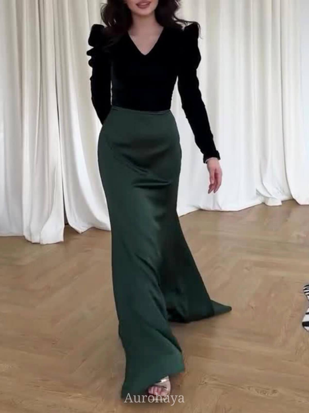 Aurohaya Velvet V-Neck Spliced Panel Tie-Waist Maxi Dress Green