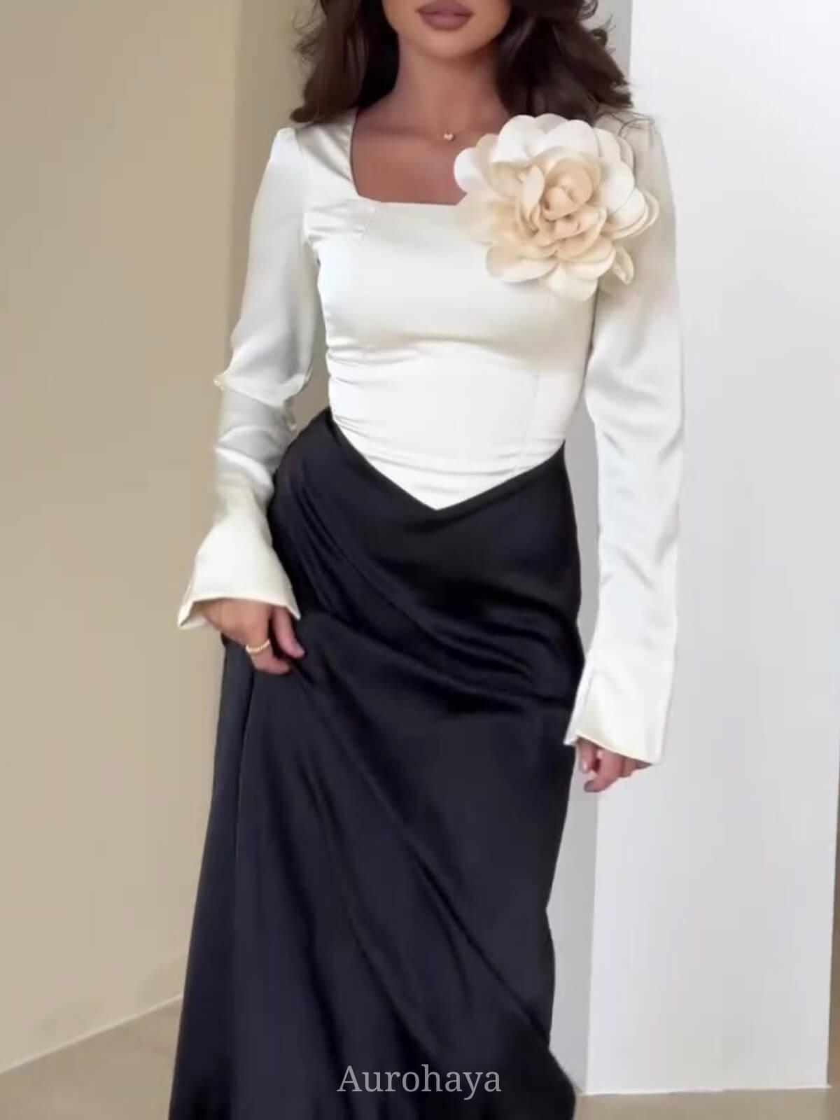Aurohaya Satin Floral Slim-Fit Colorblock Maxi Dress White