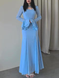 Ruffle Long Sleeve Square Neck Formal Maxi Dress