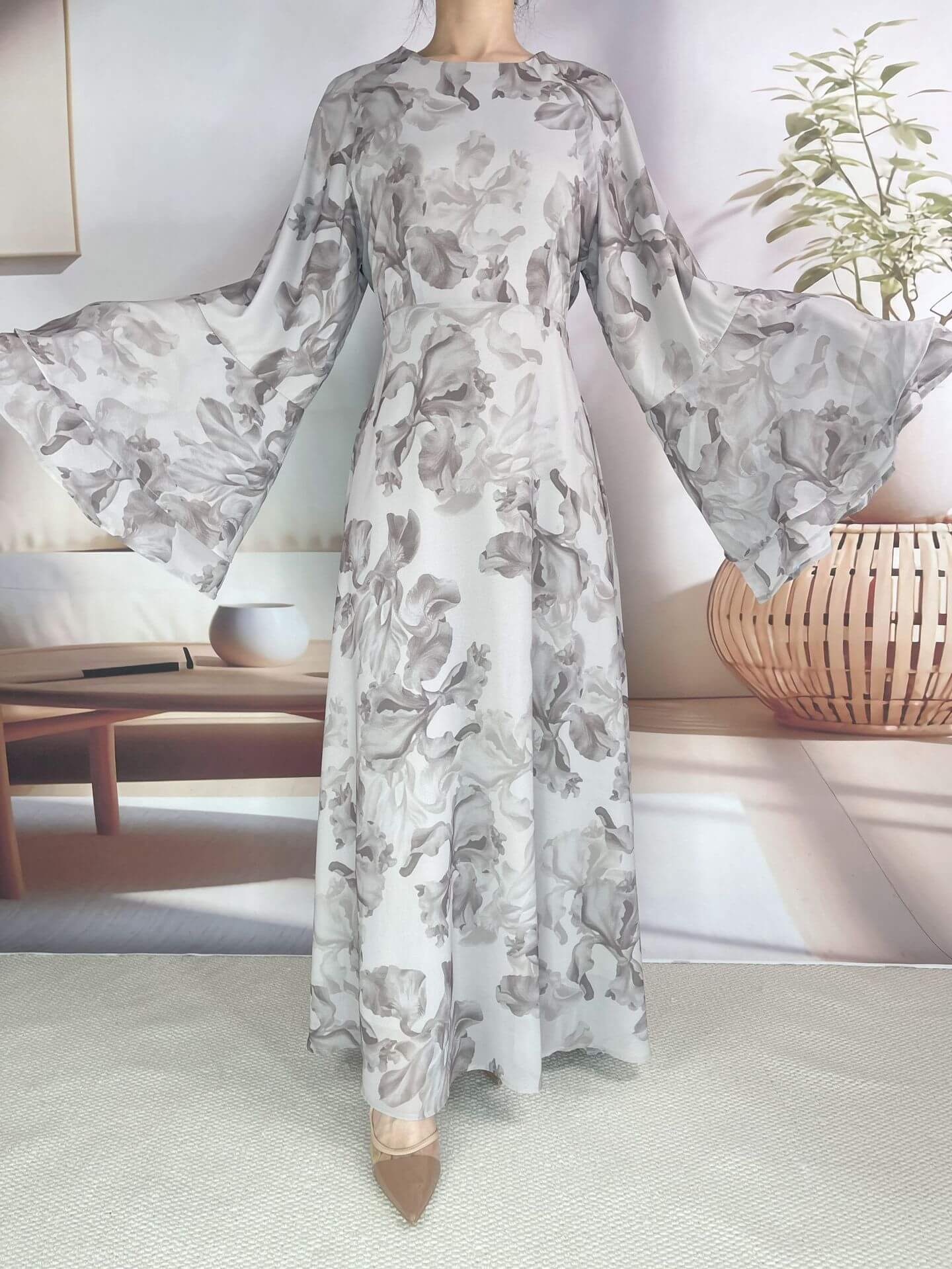 Chiffon Floral Ruffle‑Sleeve Maxi Dress