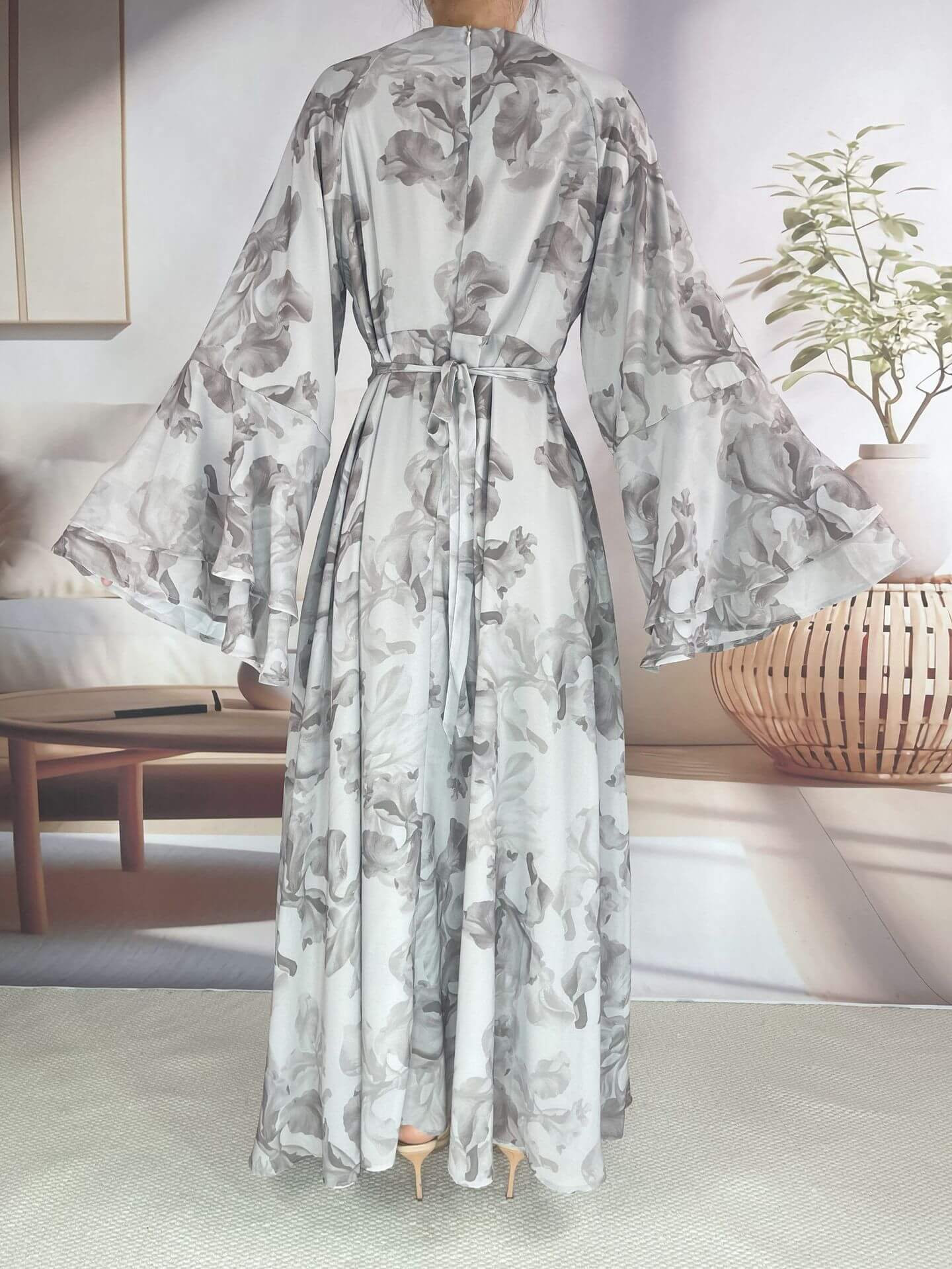 Chiffon Floral Ruffle‑Sleeve Maxi Dress