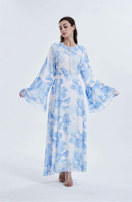 Aurohaya Chiffon Floral Ruffle‑Sleeve Maxi Dress Blue