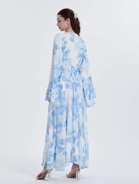 Aurohaya Chiffon Floral Ruffle‑Sleeve Maxi Dress
