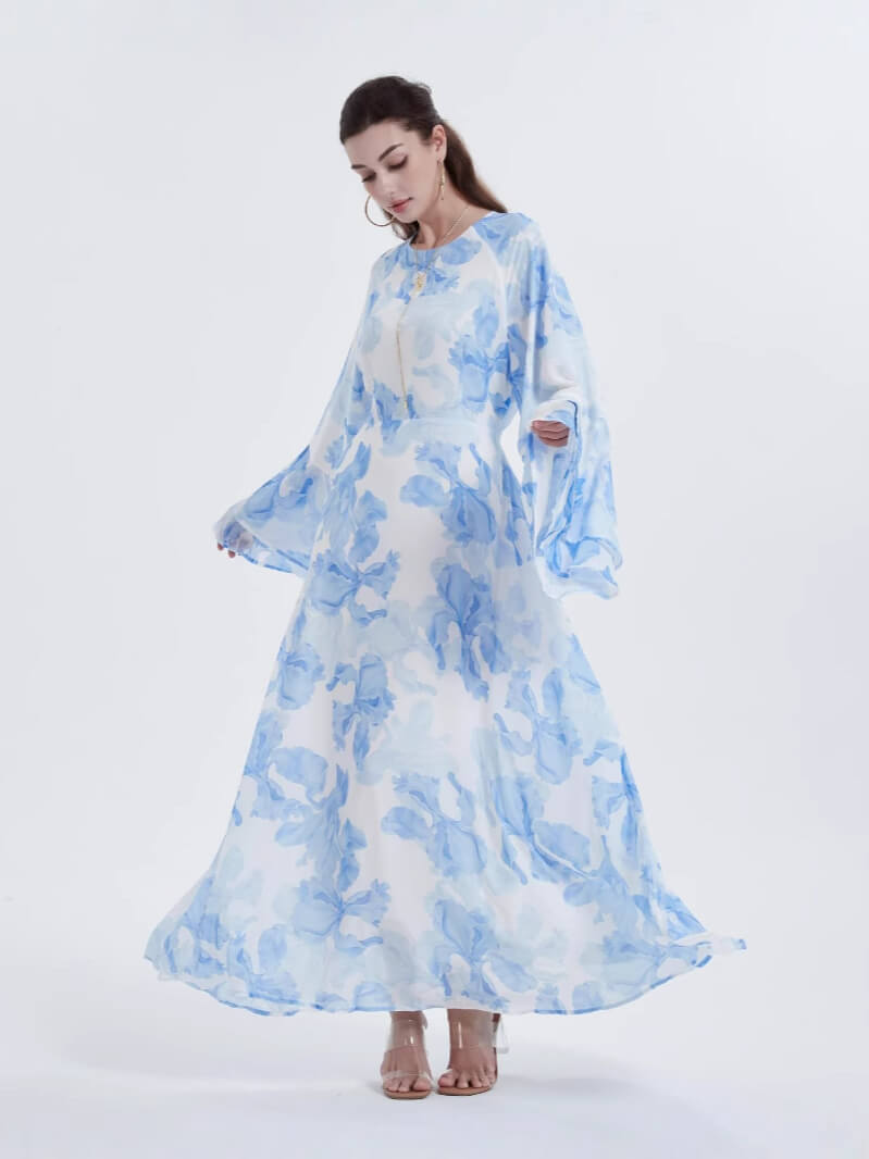 Chiffon Floral Ruffle‑Sleeve Maxi Dress