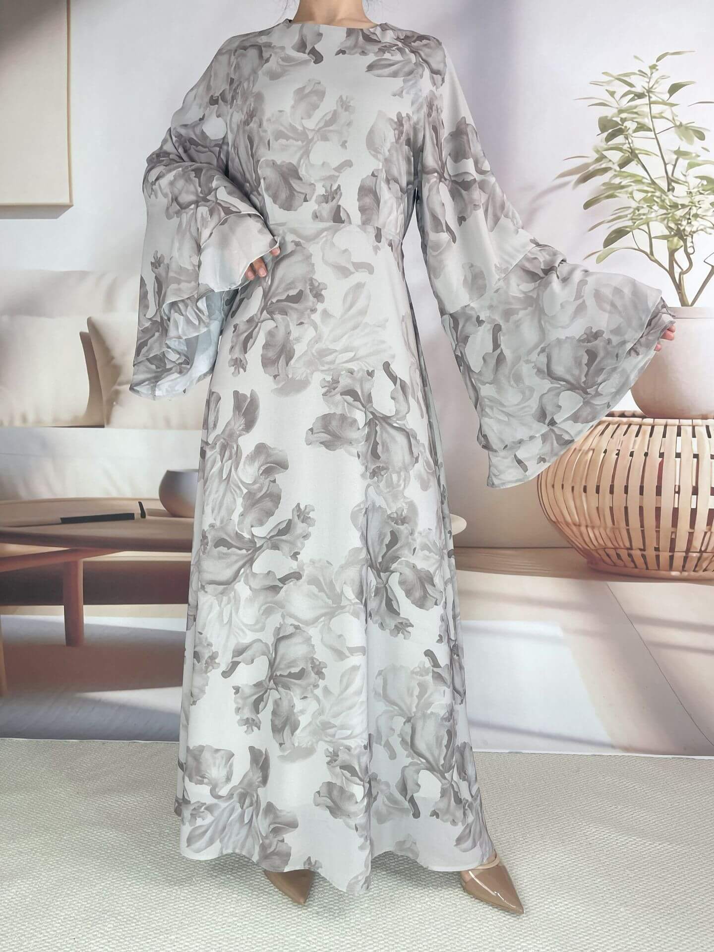 Chiffon Floral Ruffle‑Sleeve Maxi Dress