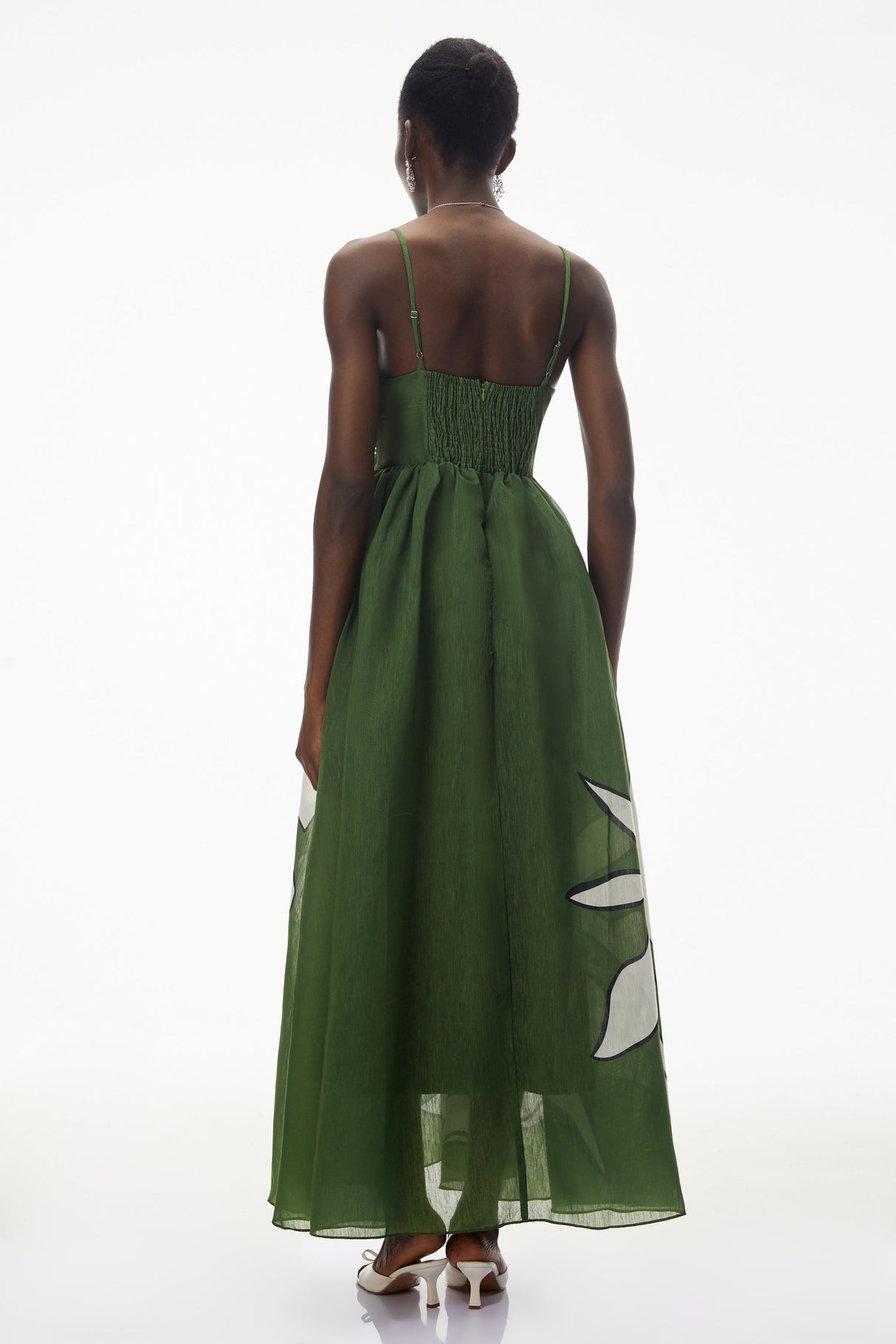 Aurohaya Dryope Emerald Green Plunge Neck Ruched Maxi Dress