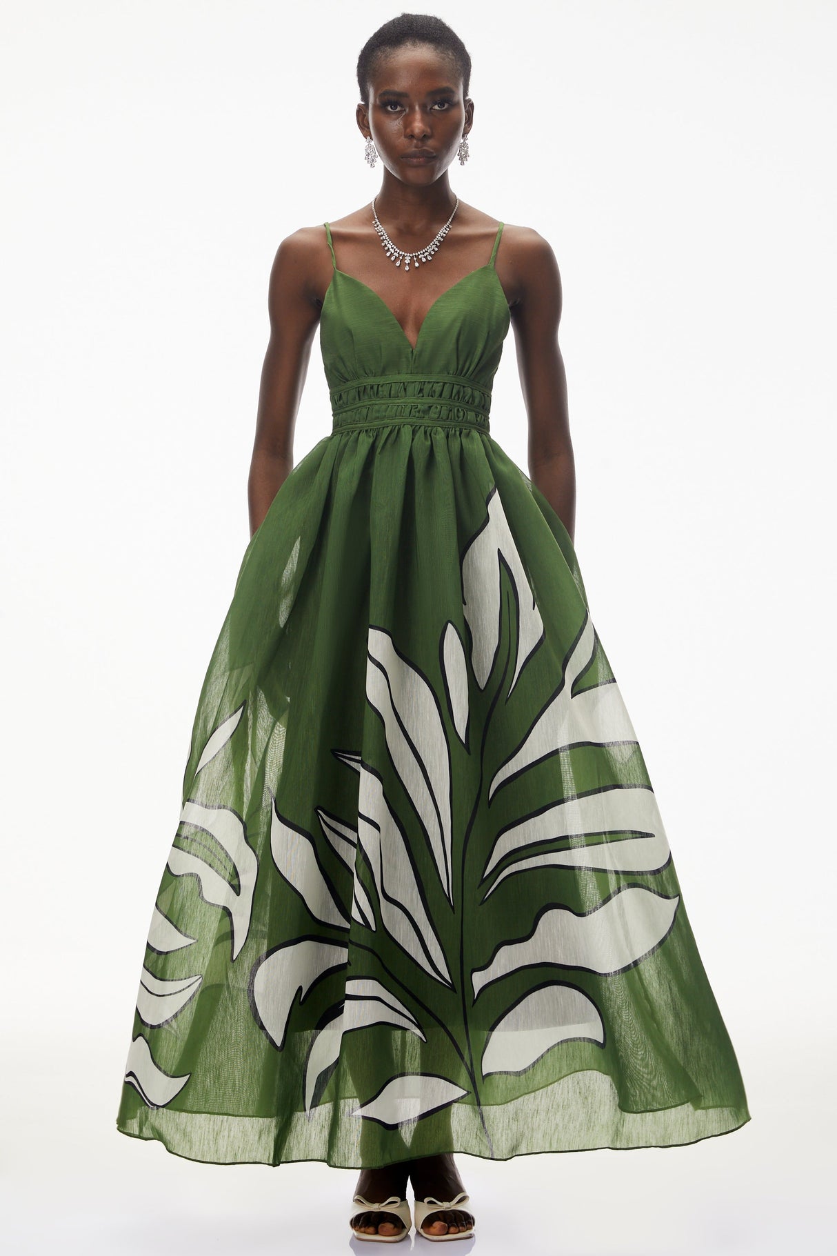 Aurohaya Dryope Emerald Green Plunge Neck Ruched Maxi Dress