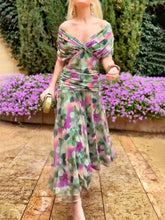 Aurohaya Elegant V-neck Fantasy Painted Floral Print Party Maxi Dress Green