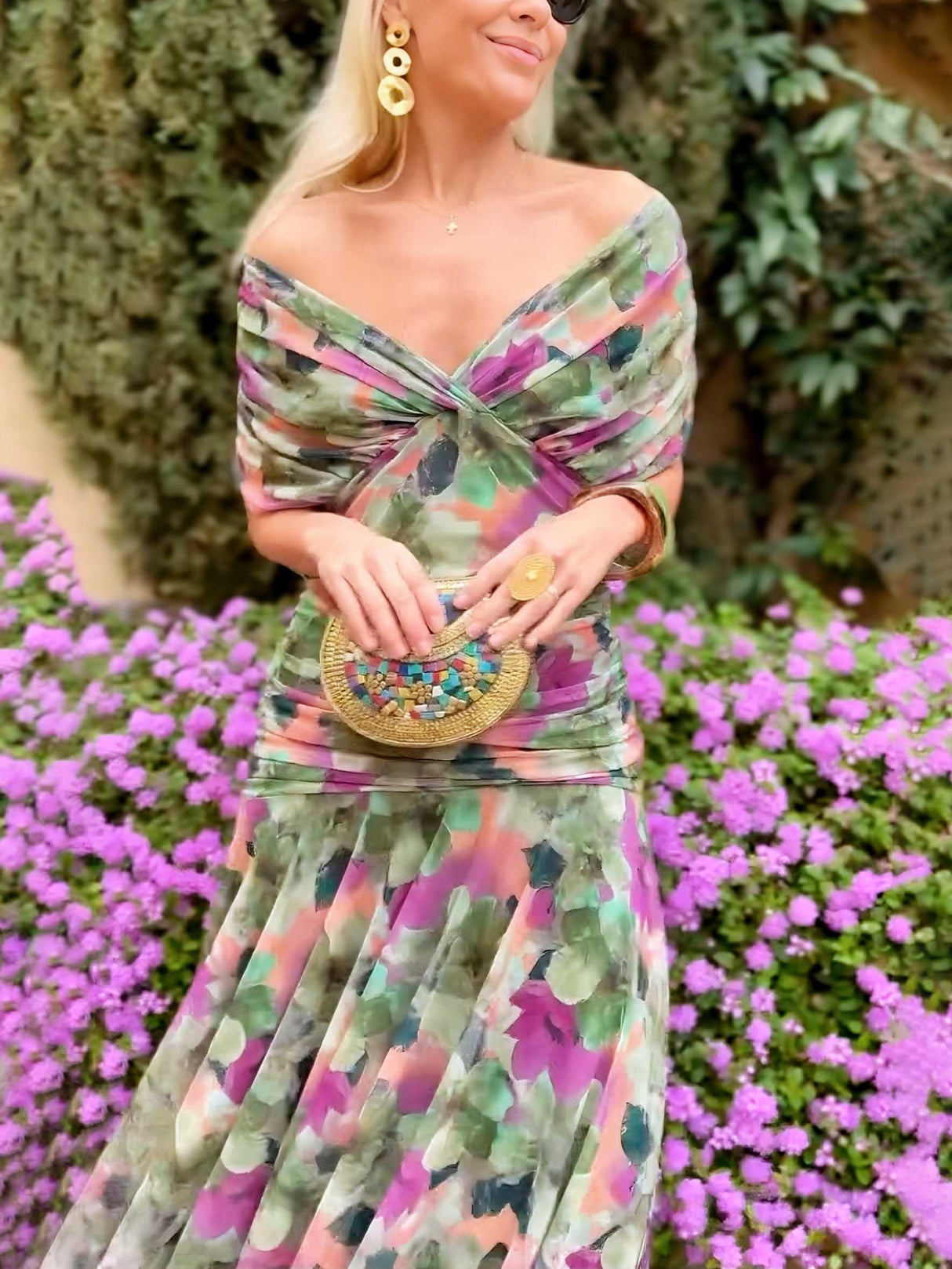 Aurohaya Elegant V-neck Fantasy Painted Floral Print Party Maxi Dress