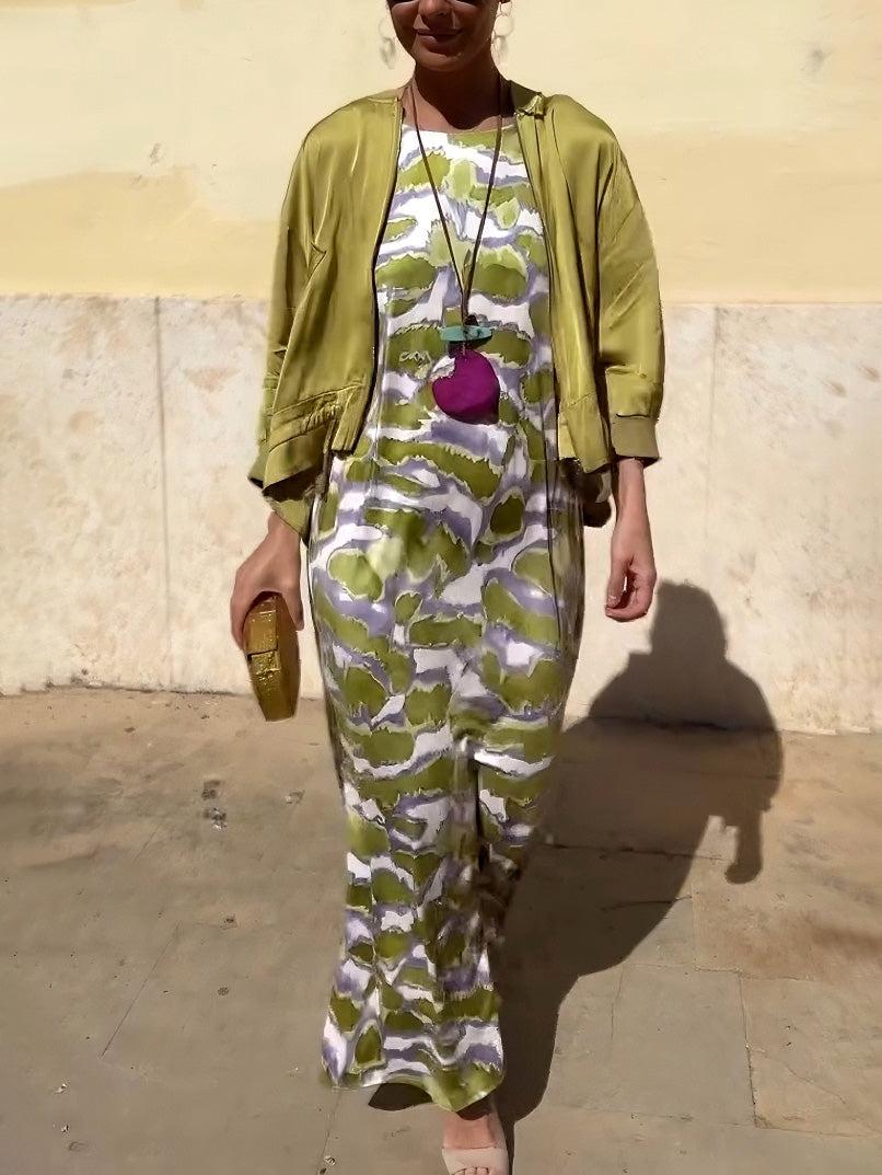 Aurohaya Fashion Satin Tie-Dye Printed Slit Vest Maxi Dress