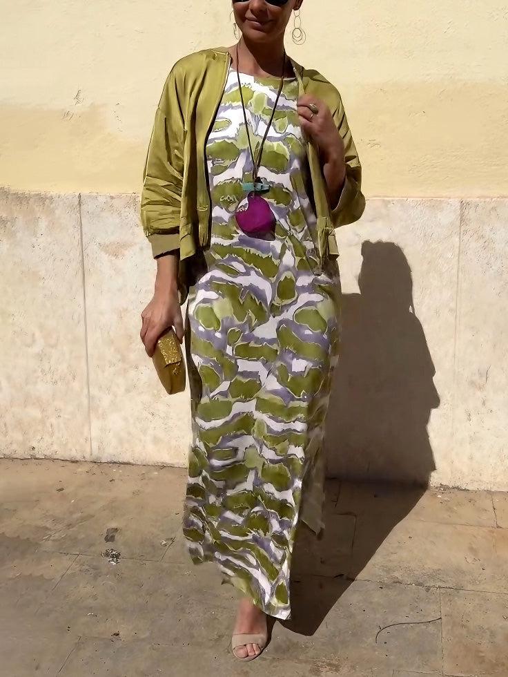 Aurohaya Fashion Satin Tie-Dye Printed Slit Vest Maxi Dress