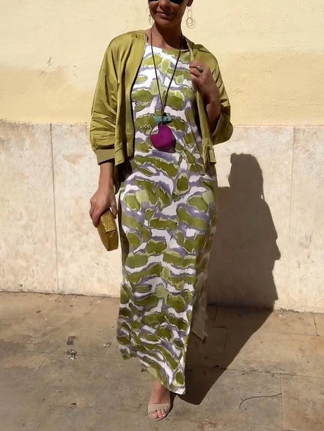 Aurohaya Fashion Satin Tie-Dye Printed Slit Vest Maxi Dress