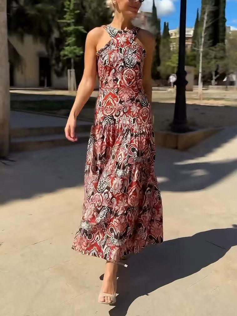 Aurohaya Vintage Ethnic Print Layered Midi Dress