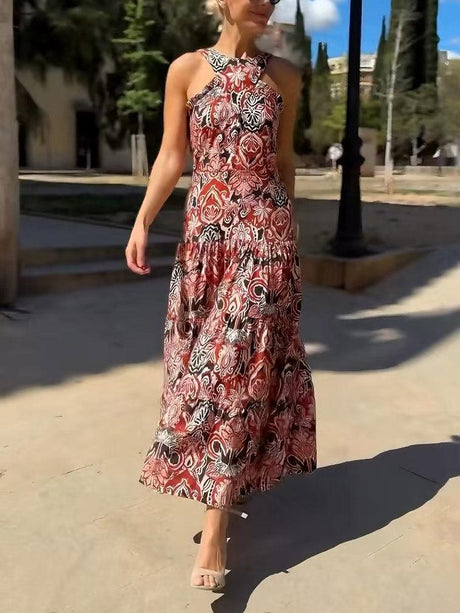 Aurohaya Vintage Ethnic Print Layered Midi Dress