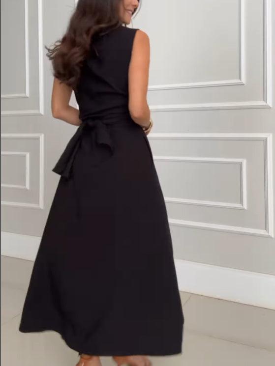 Aurohaya Unique Shirt Style Single-breasted Tie Midi Dress
