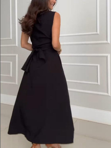 Aurohaya Unique Shirt Style Single-breasted Tie Midi Dress