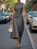 Elegant Pleats Solid Color Sleeveless Round Neck Casual Midi Dress