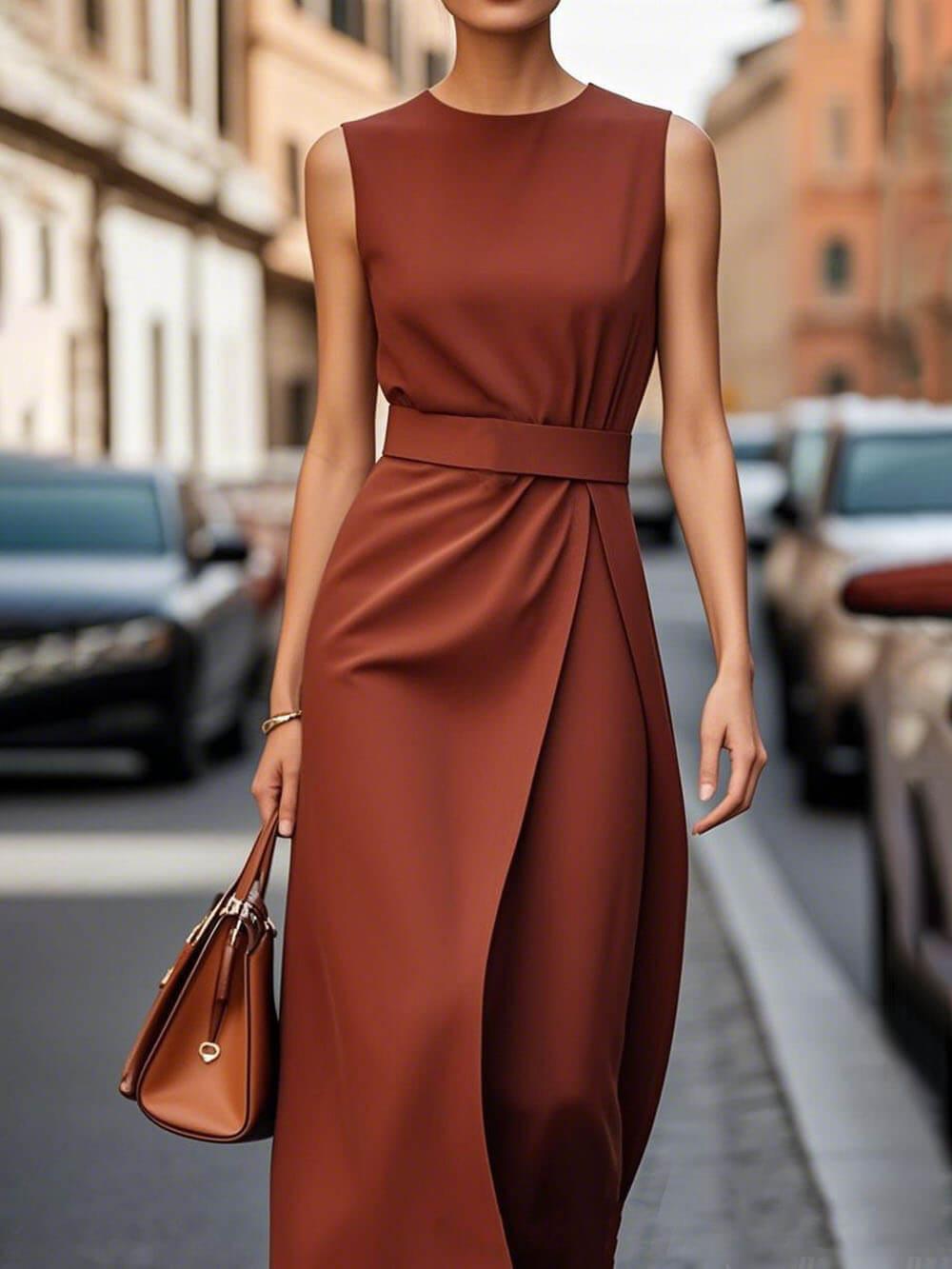 Aurohaya Elegant Pleats Solid Color Sleeveless Round Neck Casual Midi Dress Brick Red