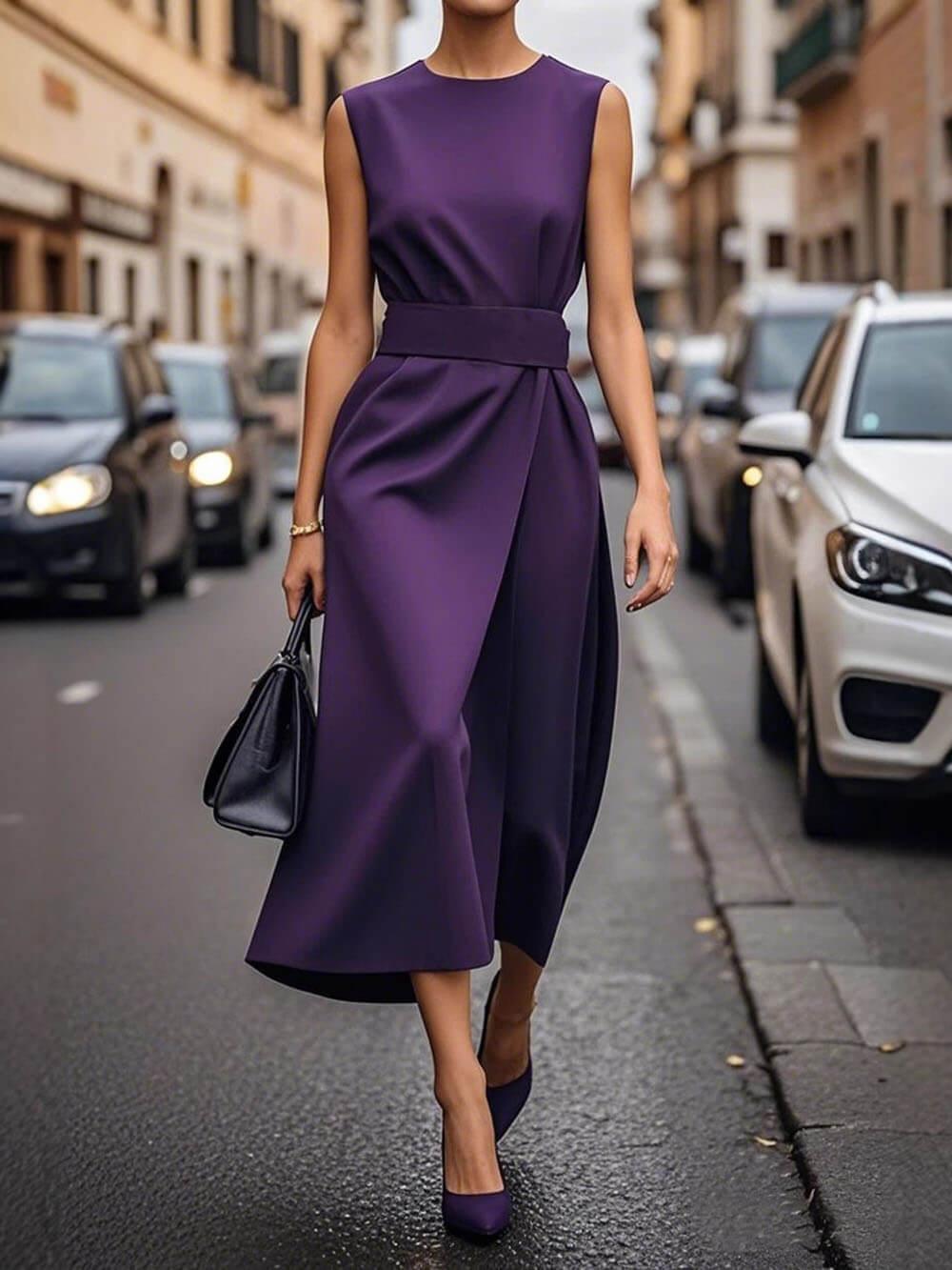 Aurohaya Elegant Pleats Solid Color Sleeveless Round Neck Casual Midi Dress Purple