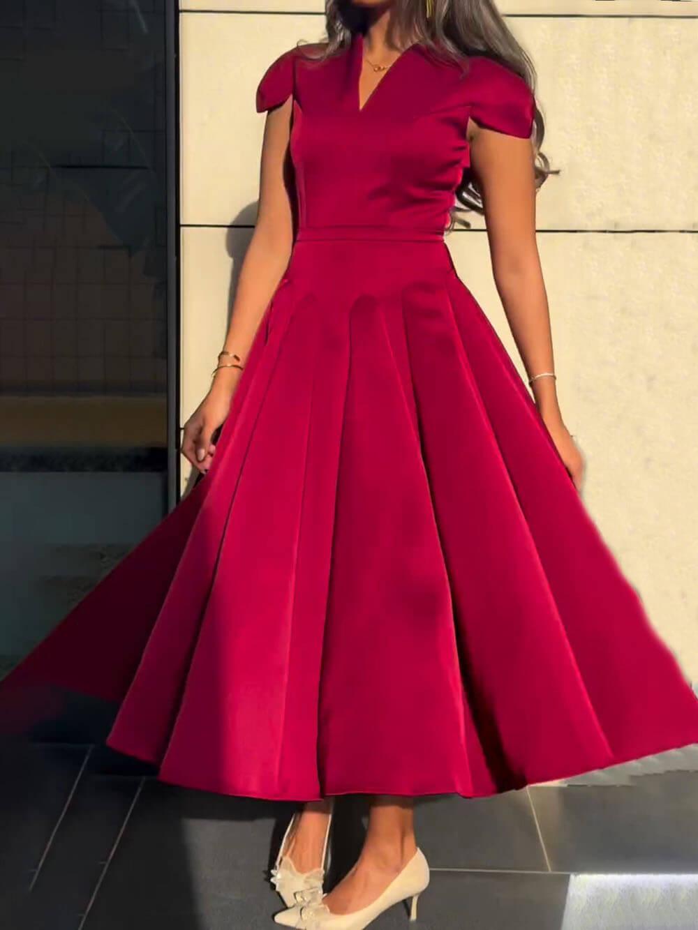 Aurohaya Elegant Pleated V-Neck Waisted A-Line Midi Dress Red