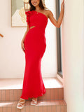 Prom Fashion Pleated One-Shoulder Hollow Slim Maxi Dress
