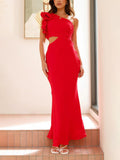 Prom Fashion Pleated One-Shoulder Hollow Slim Maxi Dress