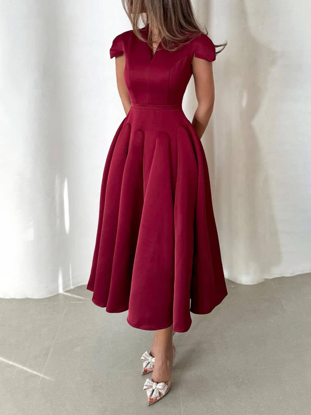 Aurohaya Elegant Pleated V-Neck Waisted A-Line Midi Dress