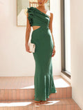Prom Fashion Pleated One-Shoulder Hollow Slim Maxi Dress