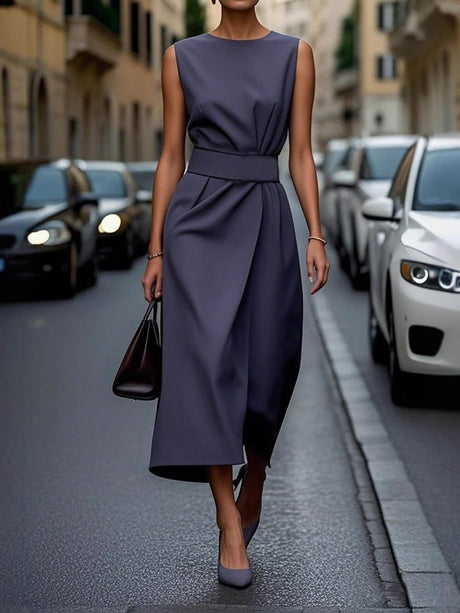 Aurohaya Elegant Pleats Solid Color Sleeveless Round Neck Casual Midi Dress Navy Blue