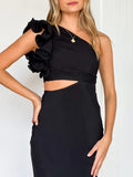 Prom Fashion Pleated One-Shoulder Hollow Slim Maxi Dress