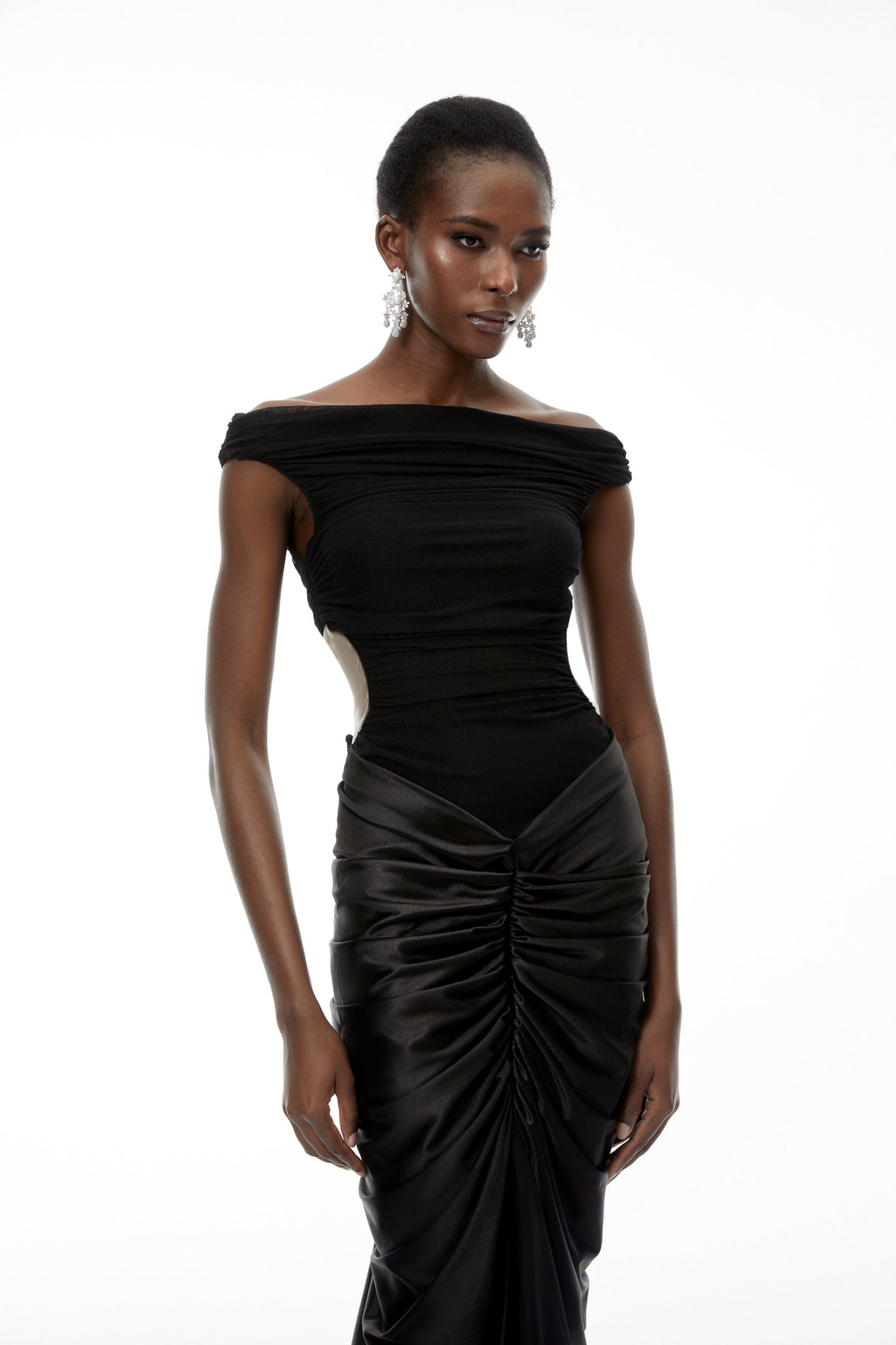 Aurohaya Eden Black Off-Shoulder Ruched Maxi Dress