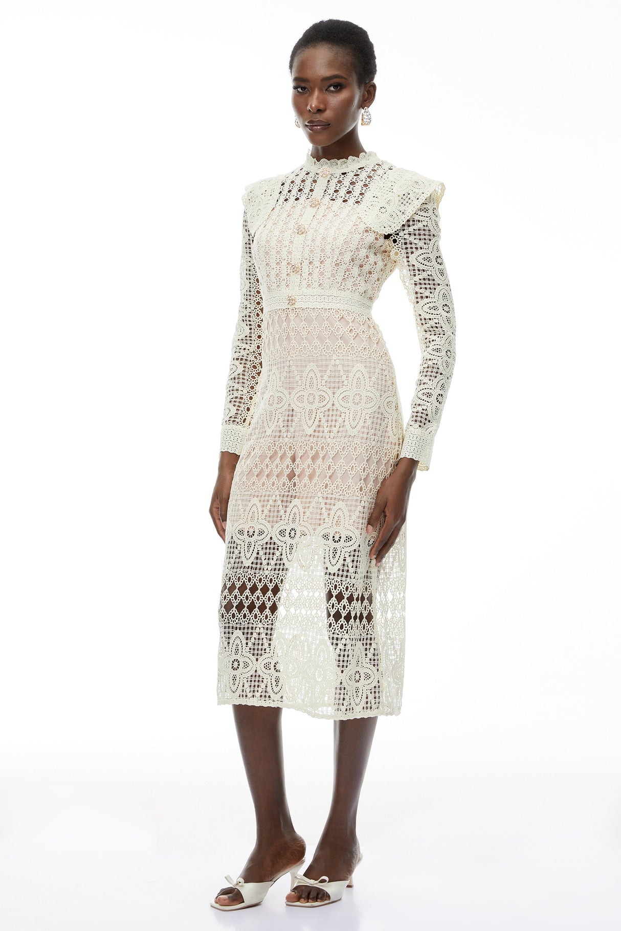 Aurohaya Eglantine Ivory Cut-Out Floral Lace Midi Dress