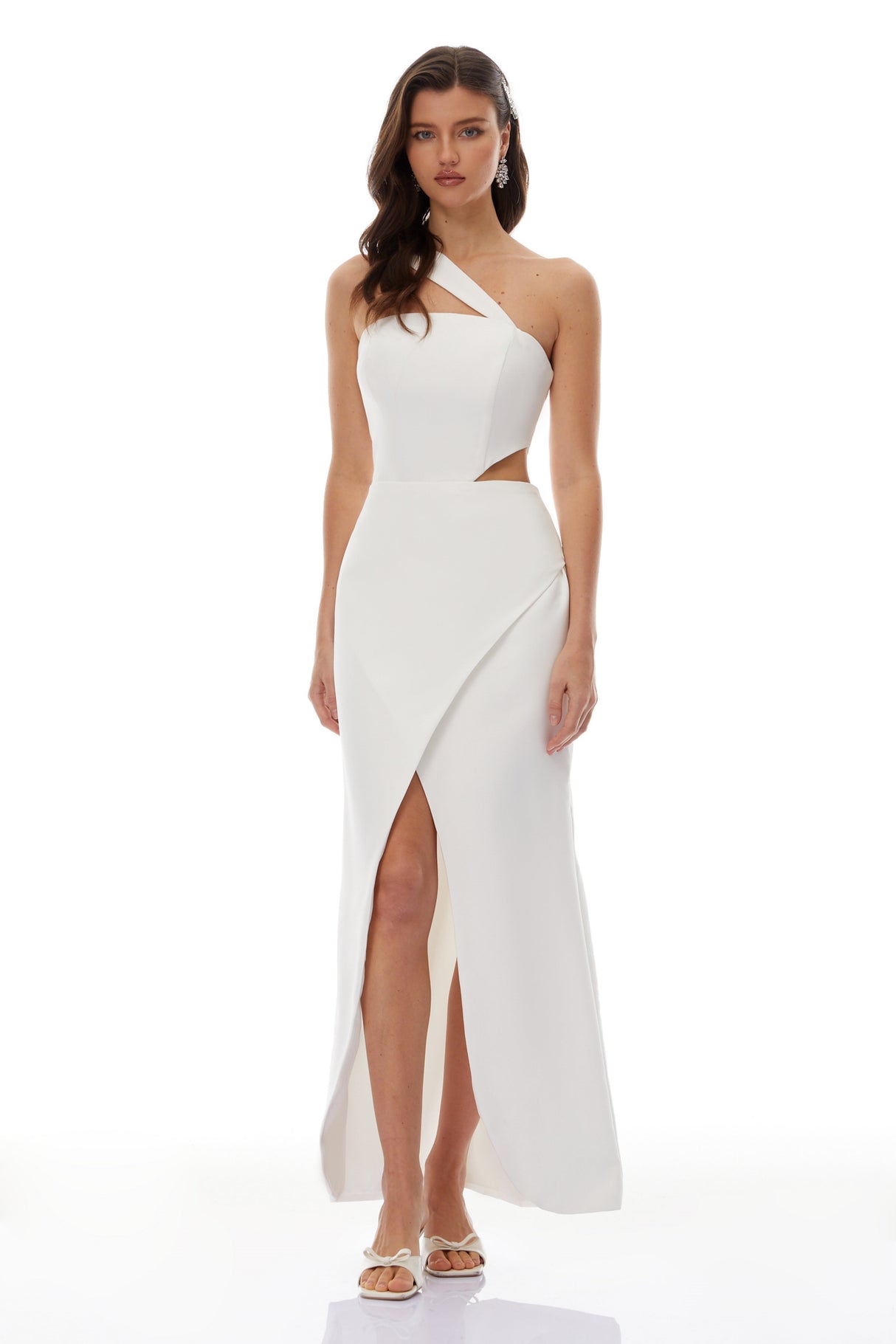Aurohaya Eirik White One Shoulder Cut Out Maxi Dress