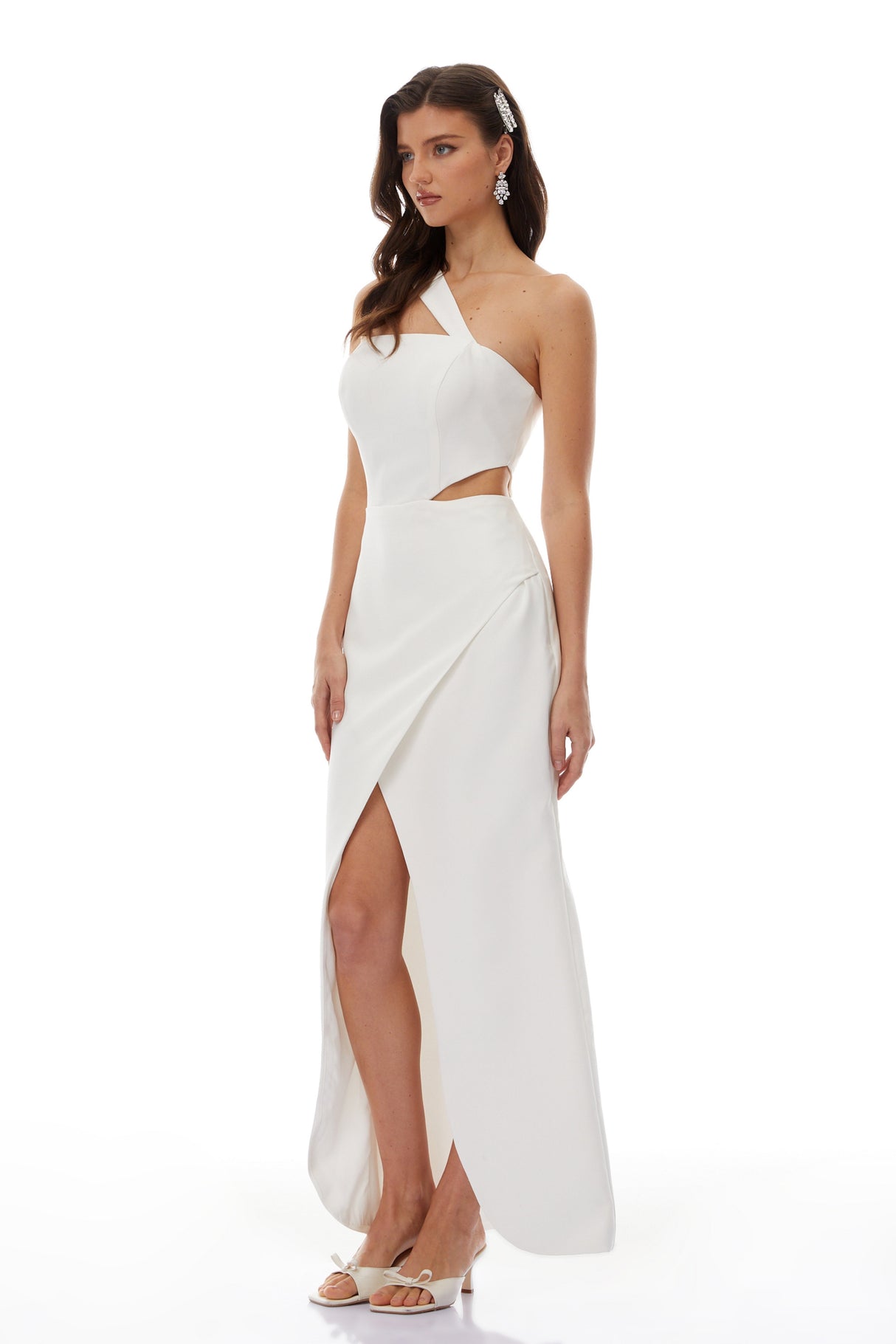 Aurohaya Eirik White One Shoulder Cut Out Maxi Dress