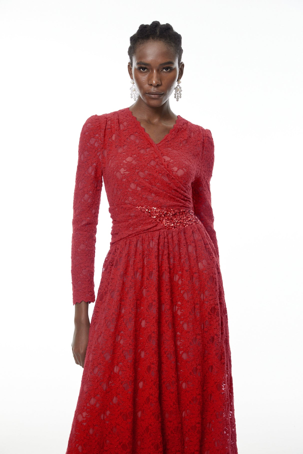 Aurohaya Eirlys Red Floral Lace Midi Dress with Embellishment