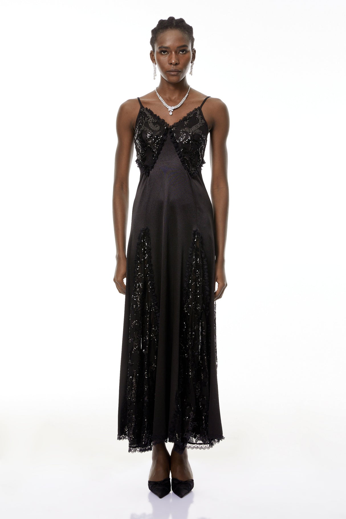 Aurohaya Elara Black Cut-Out Sequin Maxi Dress