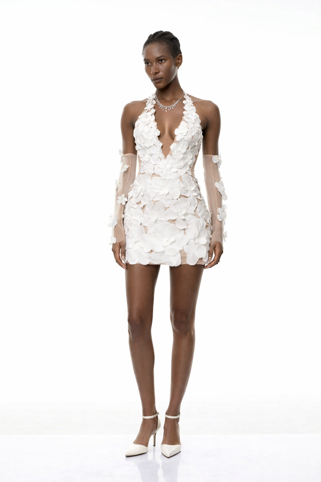 Aurohaya Elara White Halterneck 3D Petal Mini Dress