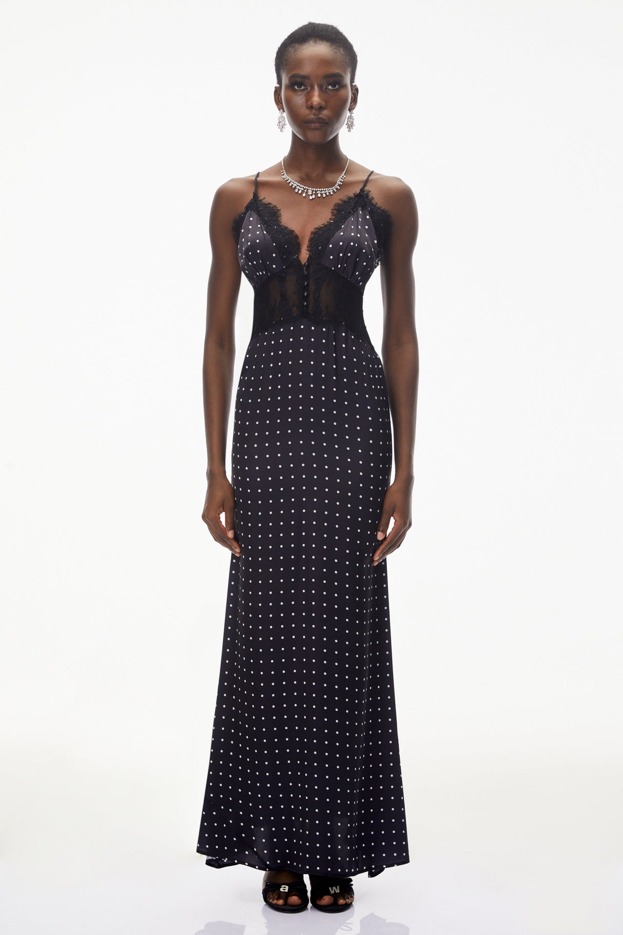 Aurohaya Eleanor Black Polka Dot Lace Trim Maxi Dress