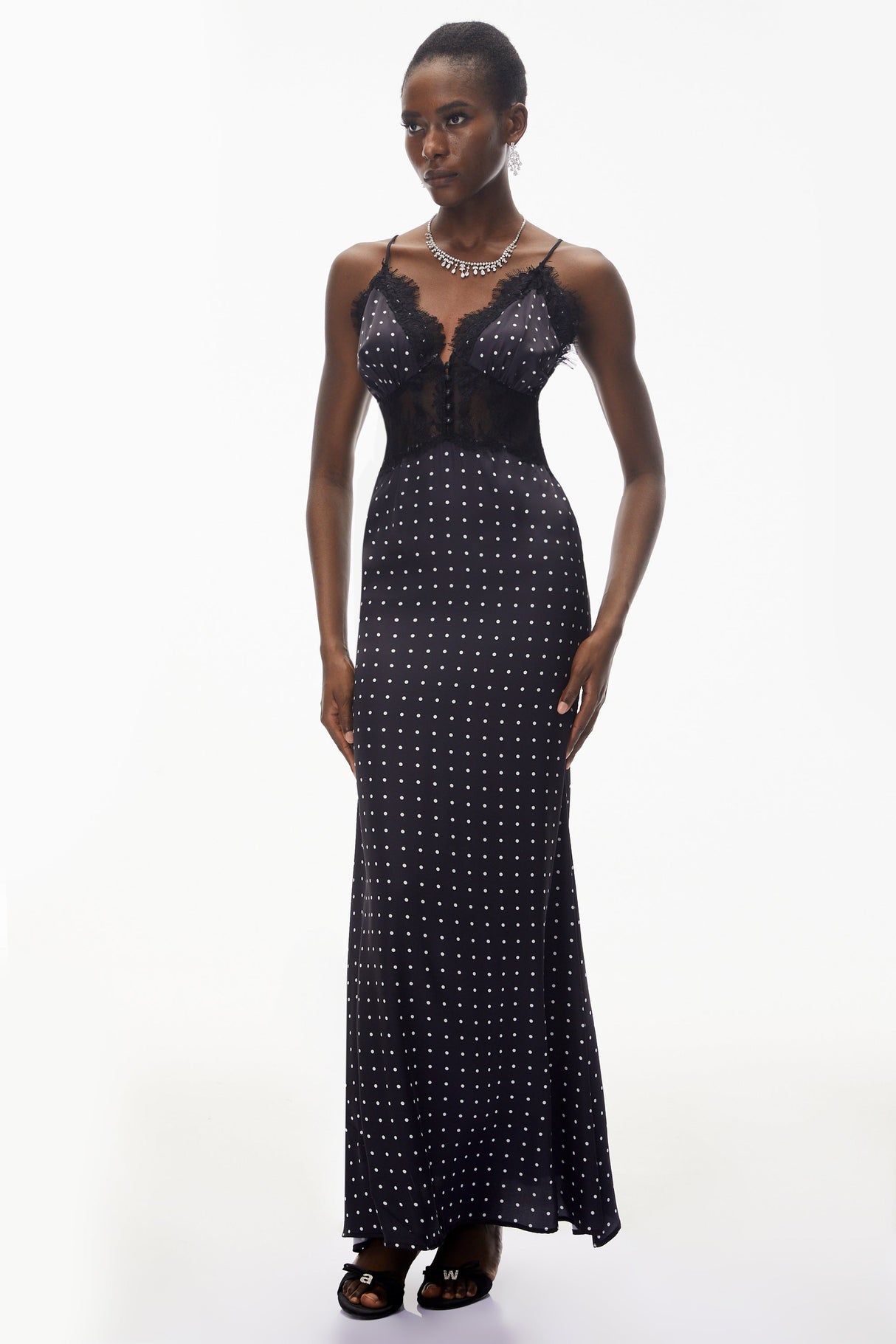 Aurohaya Eleanor Black Polka Dot Lace Trim Maxi Dress
