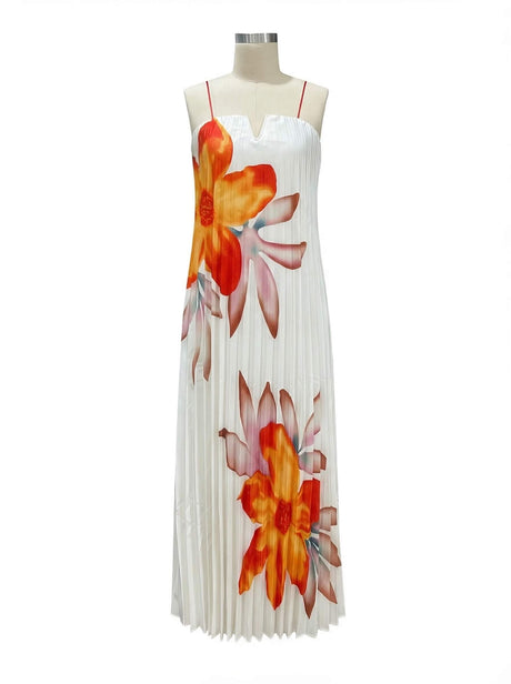 Aurohaya Elegant Sweetheart Orange Floral Print Pleated Maxi Dress